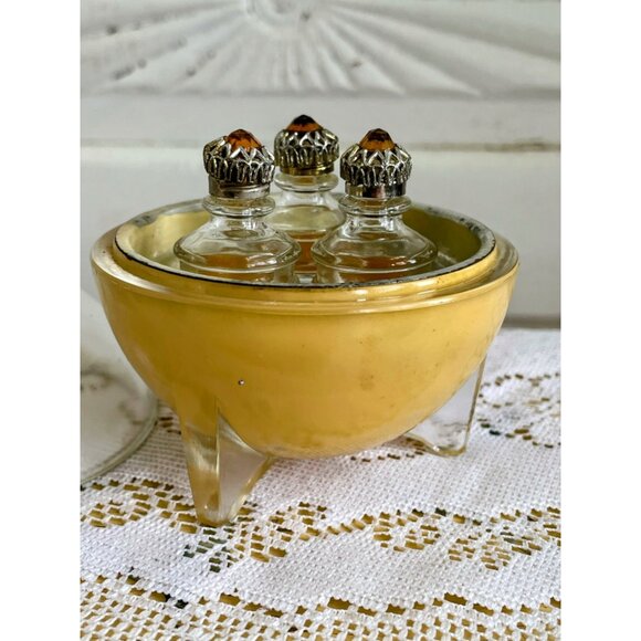Vintage Art Deco Atomic Round Glass Perfume Trio Bottles Duvinne NY c1930s - Picture 6 of 16